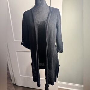Talbots Black 100% Linen Roll Tab Sleeve Open Front Cardigan